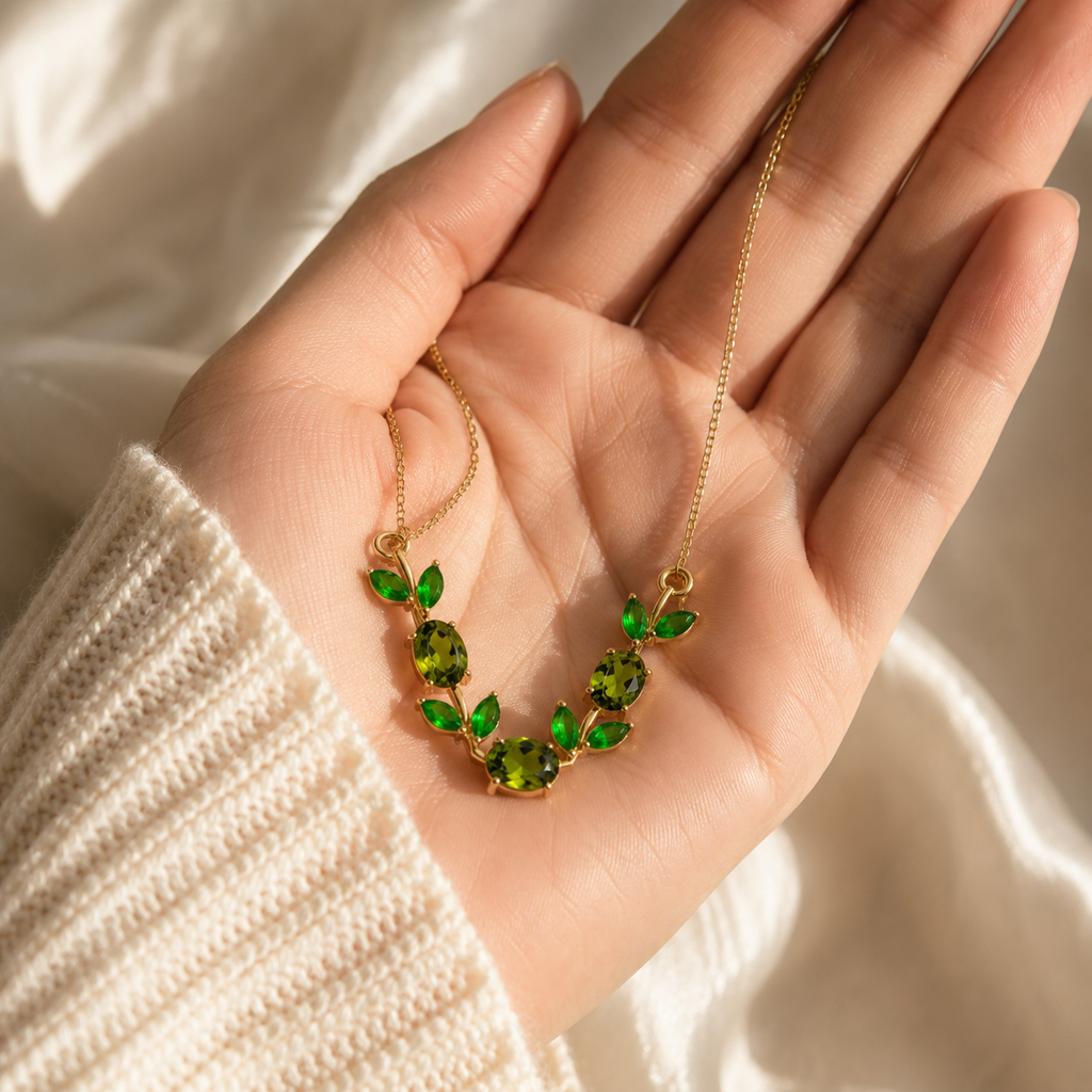 Green Crystal Leaf Pendant Necklace