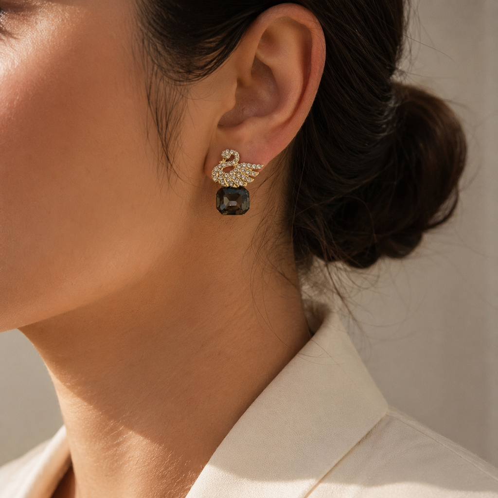 Black Crystal Swan Earrings