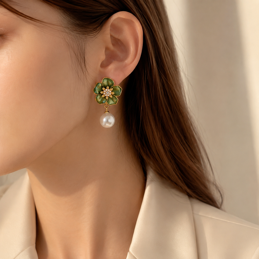 Green Flower Pearl Earrings