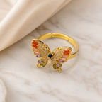 Butterfly Ring for Women Adjustable Gold Plated Crystal Statement Ring