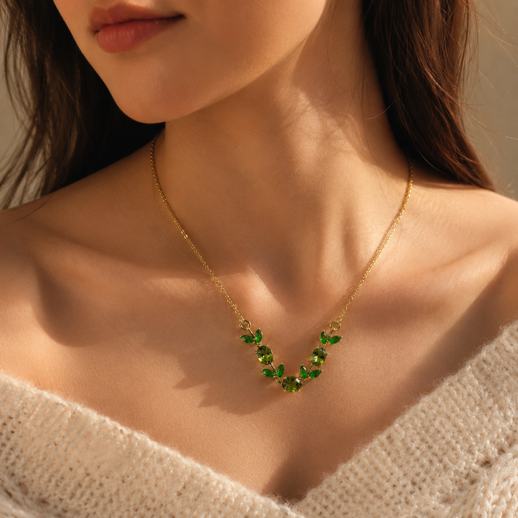 Green Crystal Leaf Pendant Necklace