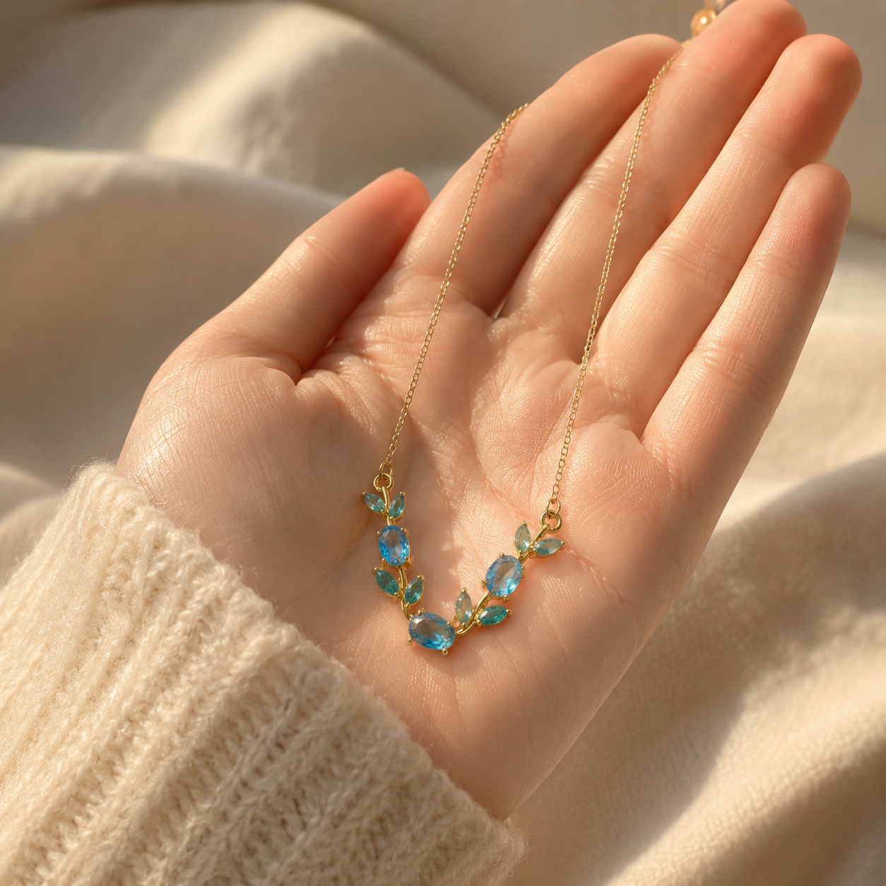 Blue Crystal Leaf Pendant Necklace