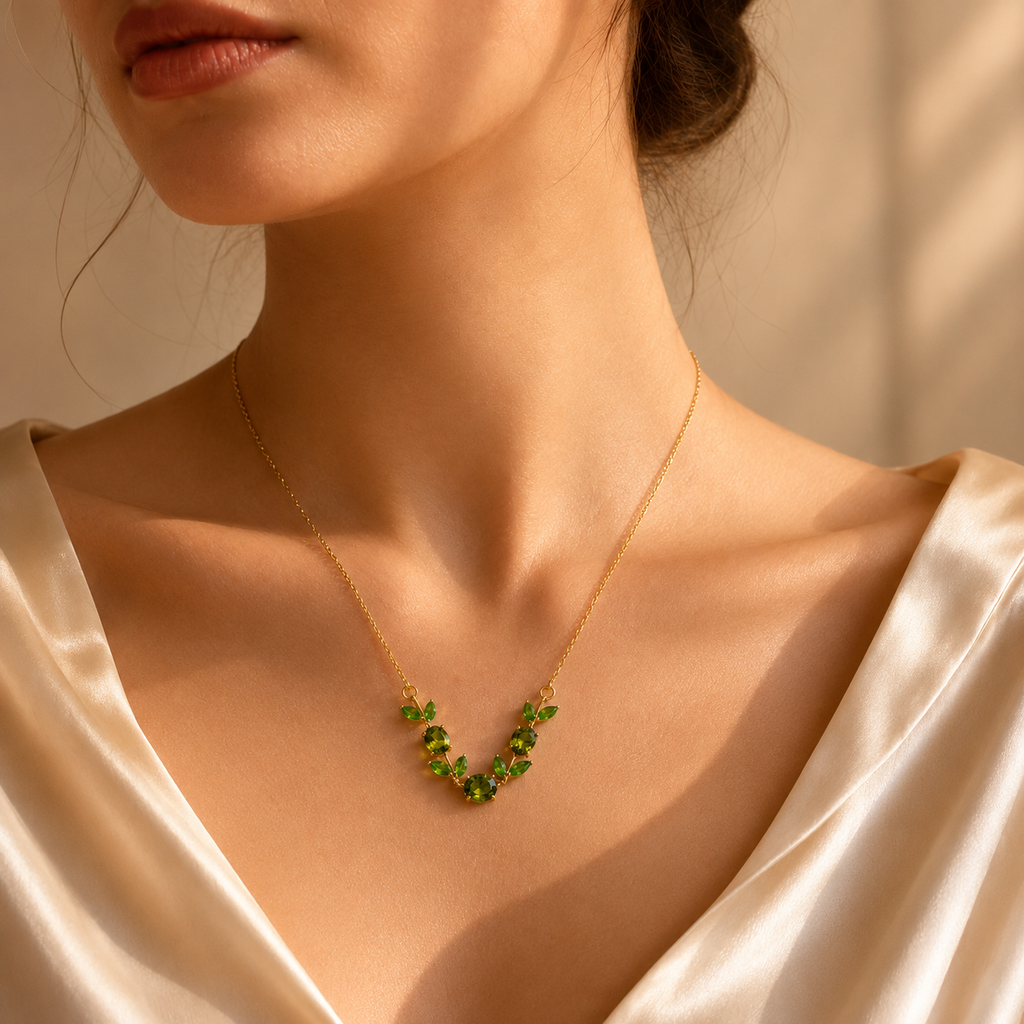 Green Crystal Leaf Pendant Necklace