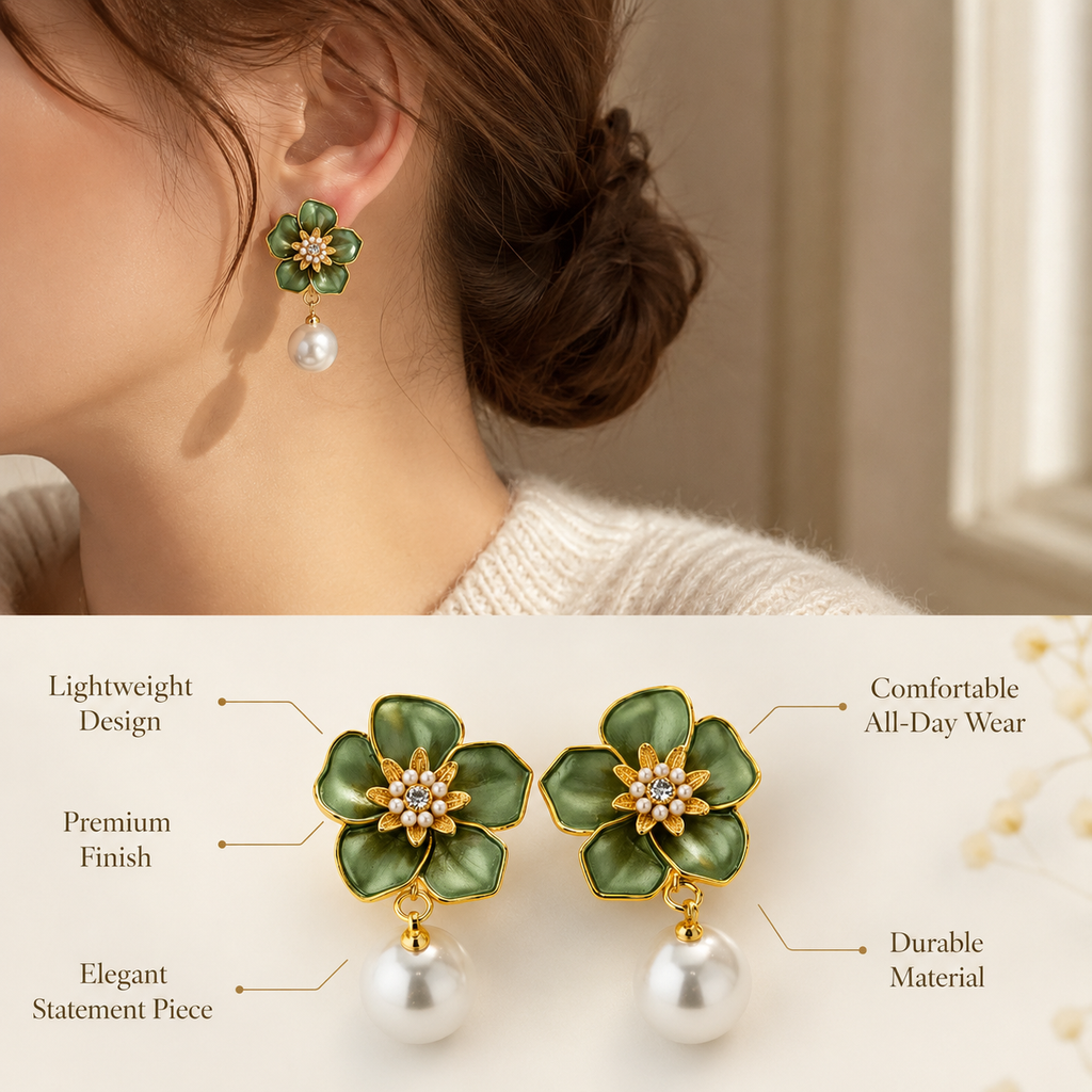 Green Flower Pearl Earrings