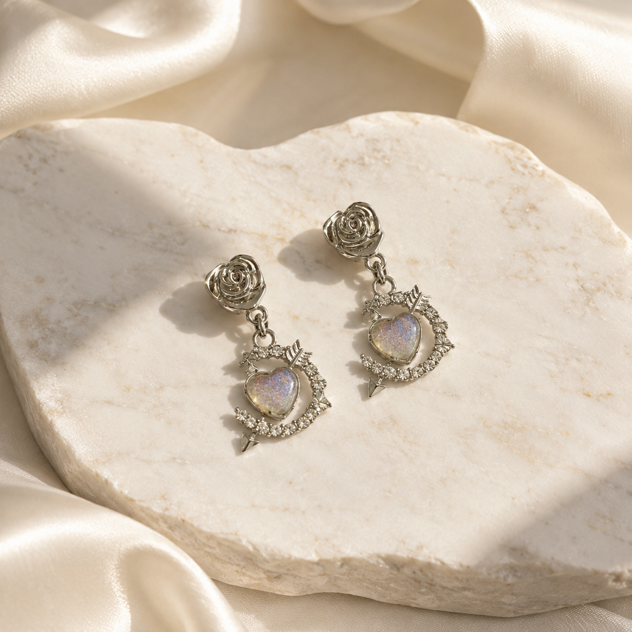 Silver Heart Drop Earrings