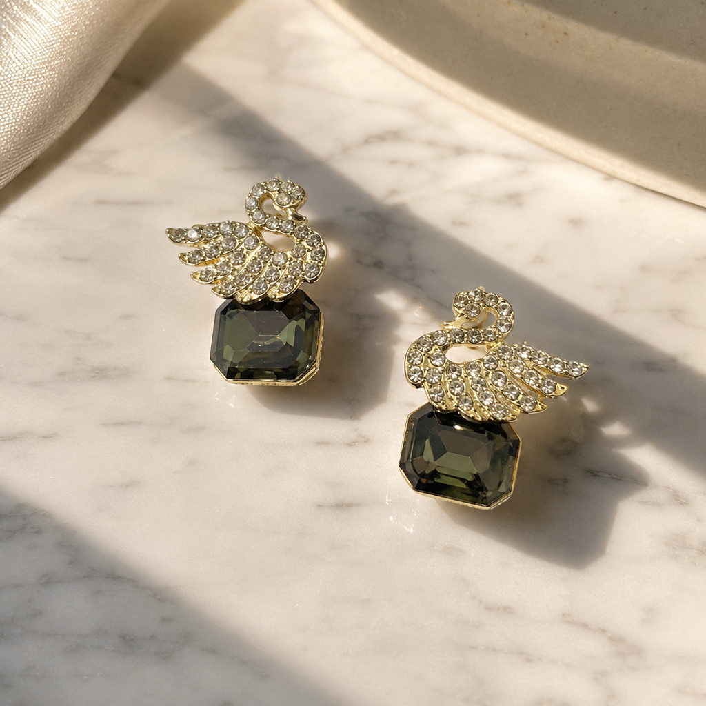 Black Crystal Swan Earrings