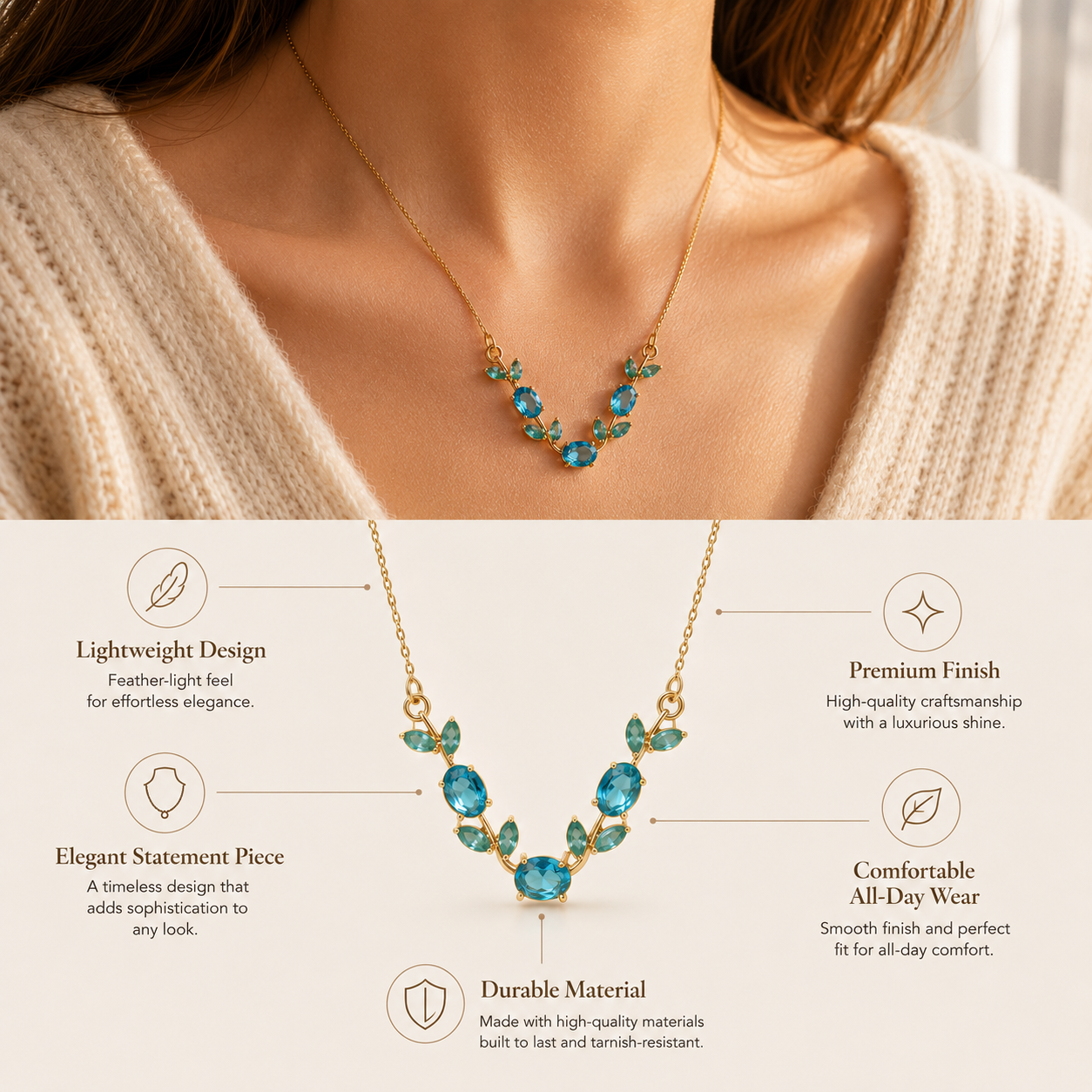 Blue Crystal Leaf Pendant Necklace