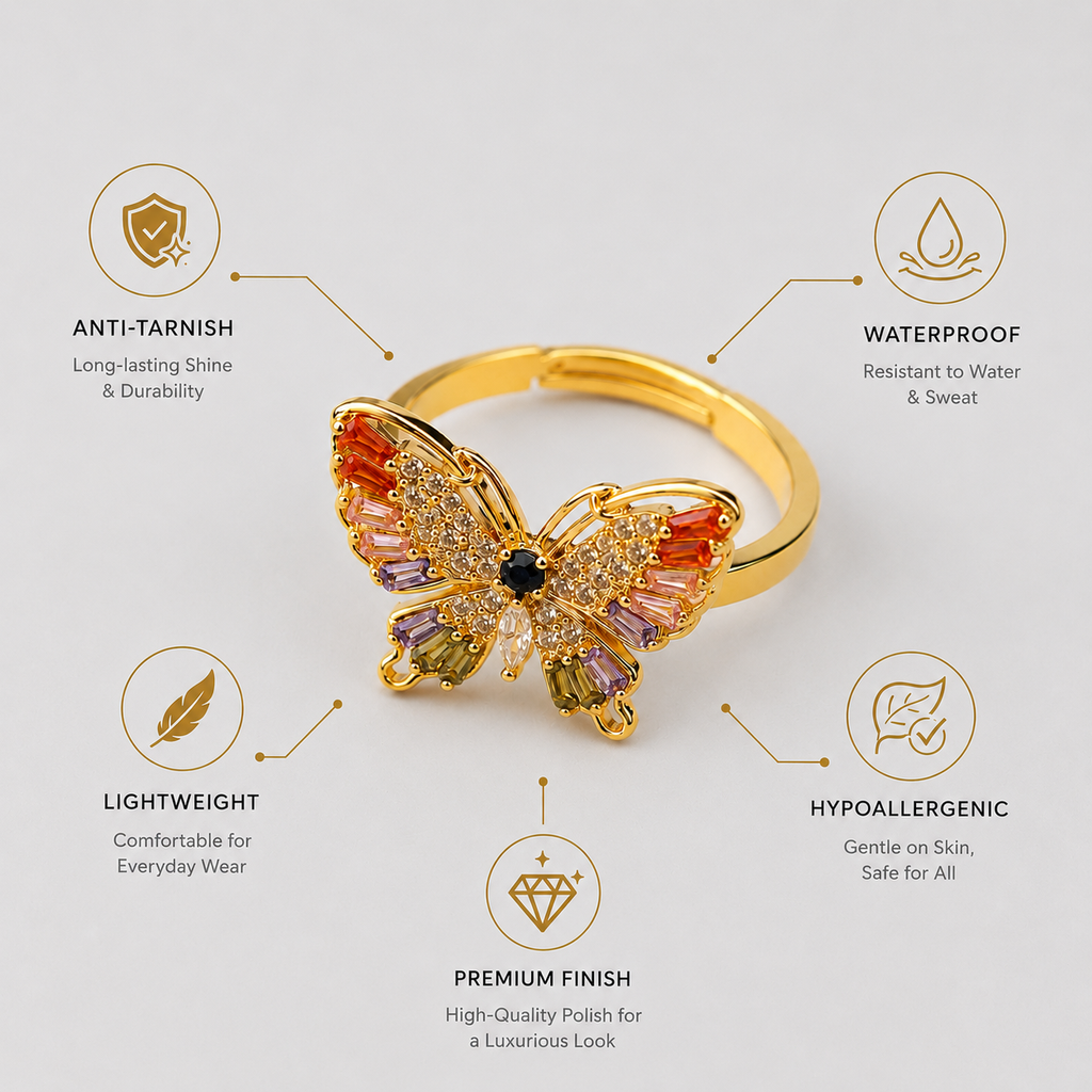 Butterfly Ring for Women Adjustable Gold Plated Crystal Statement Ring