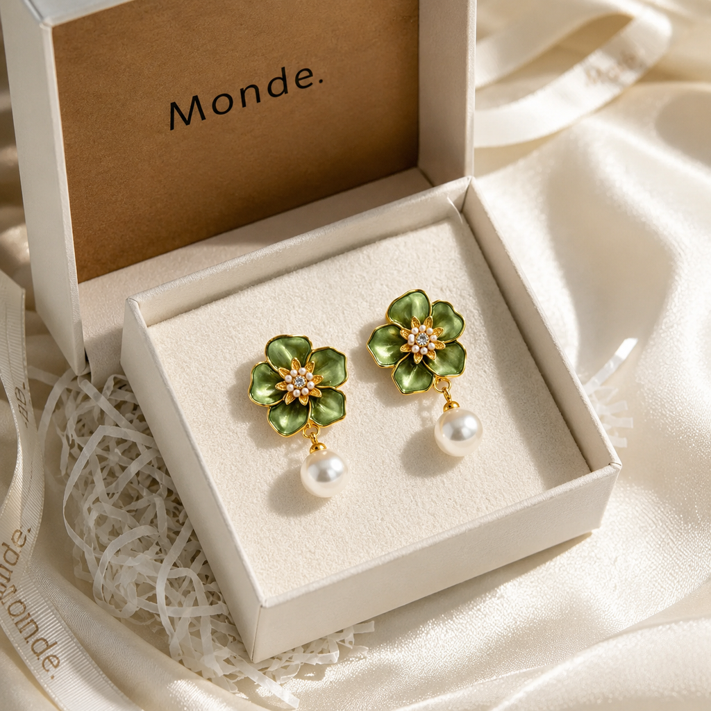 Green Flower Pearl Earrings
