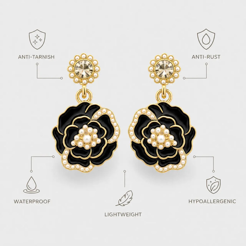 Noir Fleur Anti-Tarnish Floral Drop Earrings
