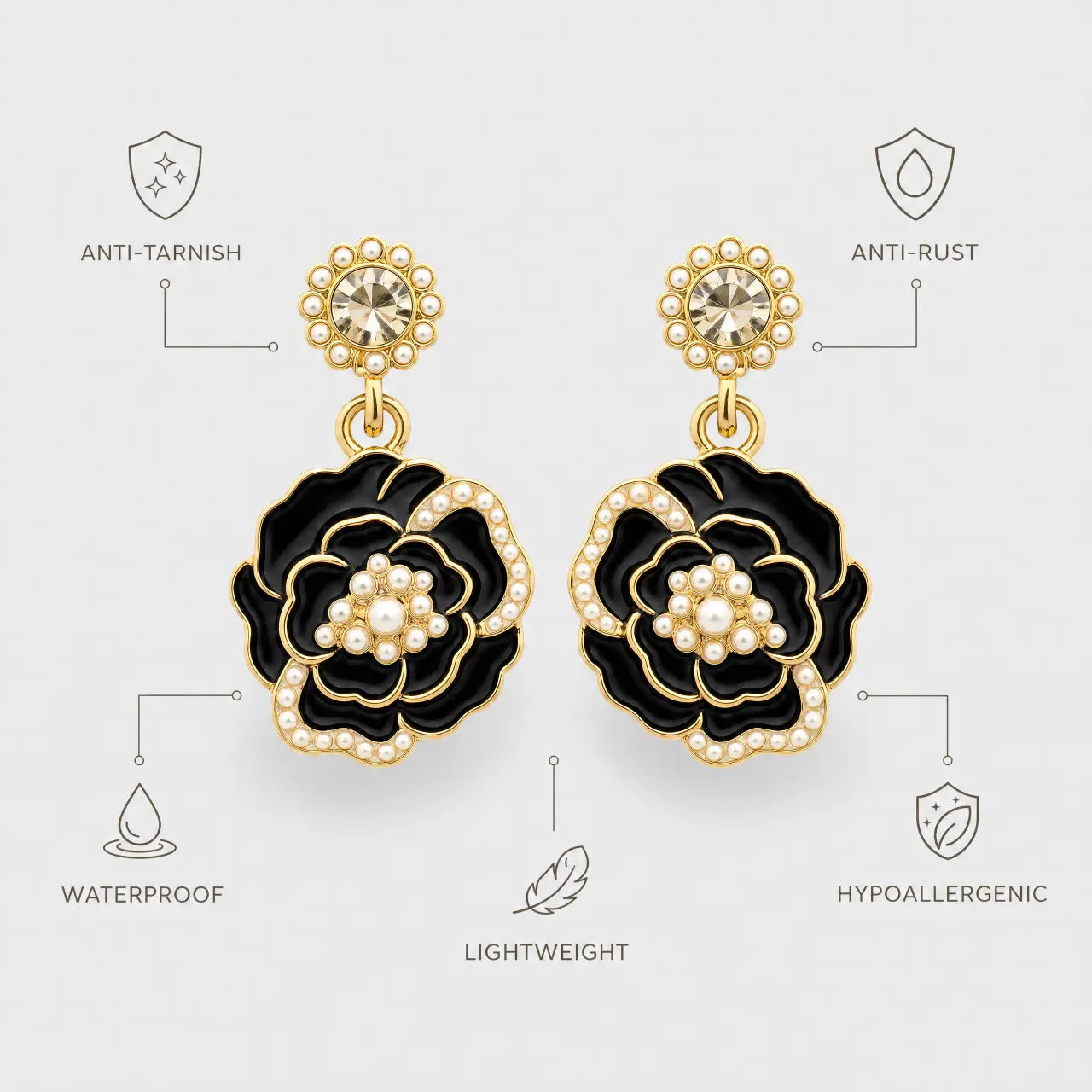 Noir Fleur Anti-Tarnish Floral Drop Earrings