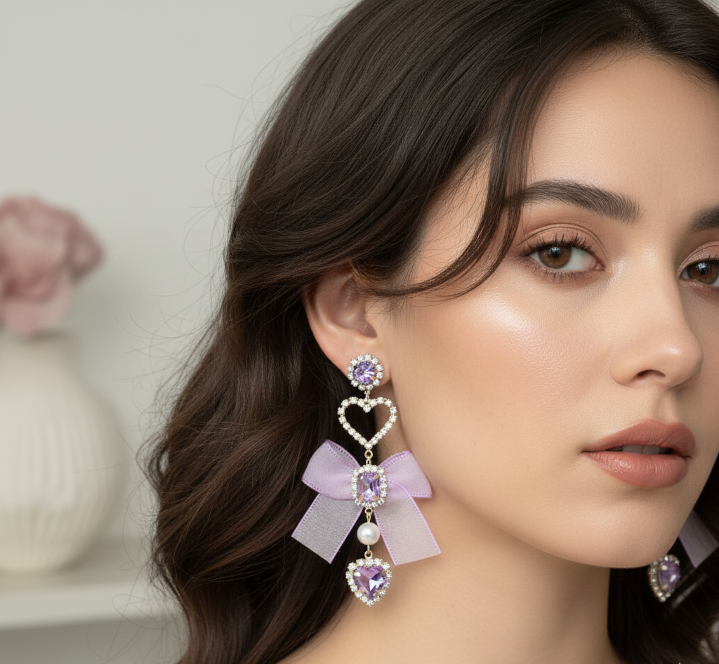 Premium Lavender Bow Heart Drop Earrings for Women & Girls