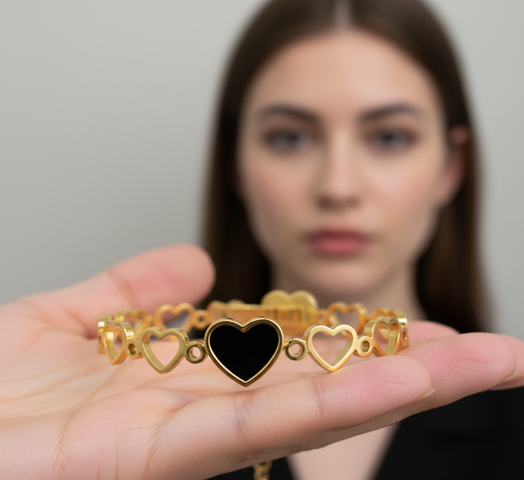 Gold Black Heart Designer Bracelet for Women & Girls | Anti-Tarnish Jewelry