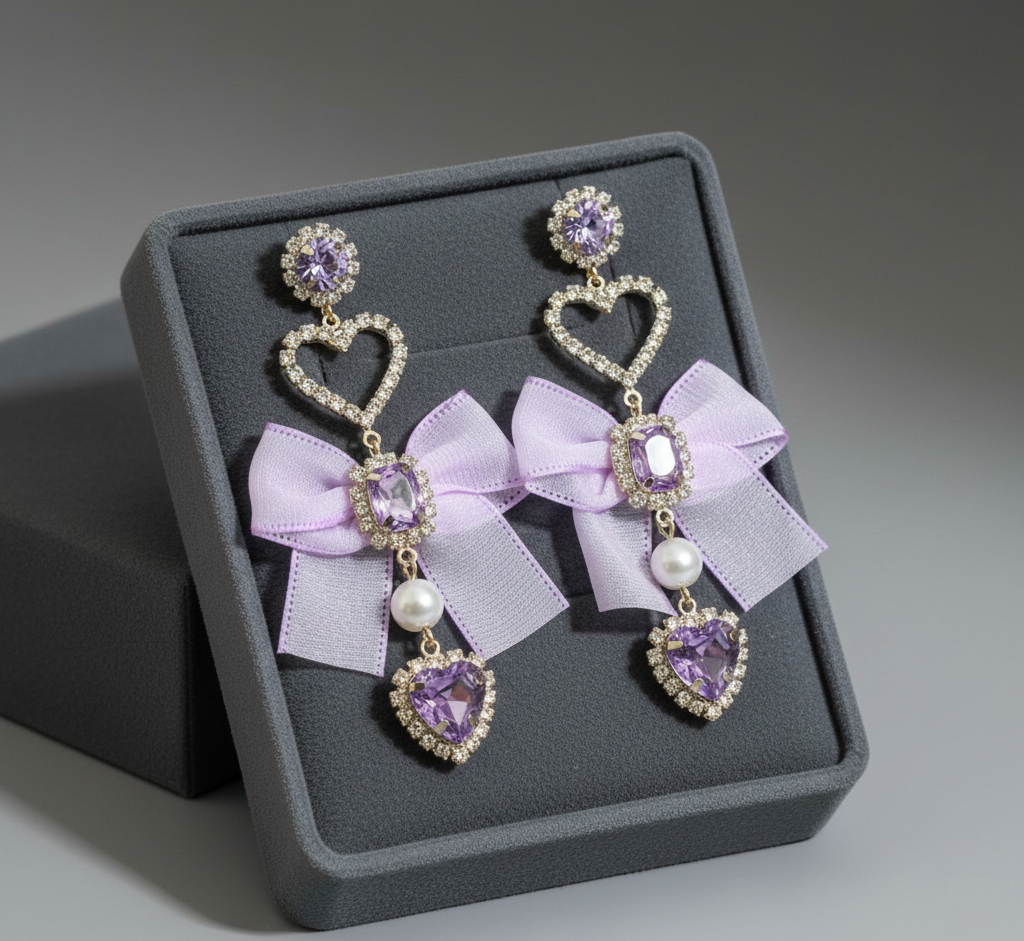 Premium Lavender Bow Heart Drop Earrings for Women & Girls
