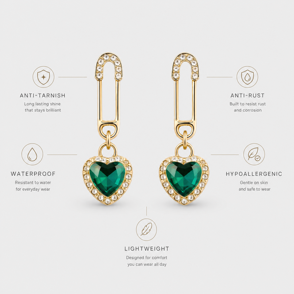 Emerald Heart Anti-Tarnish Crystal Earrings