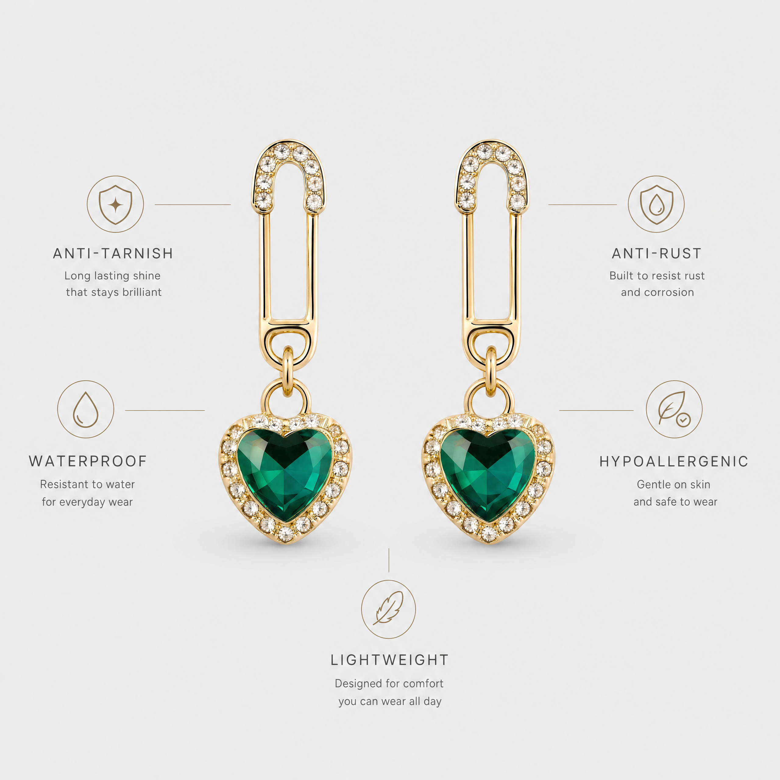 Emerald Heart Anti-Tarnish Crystal Earrings