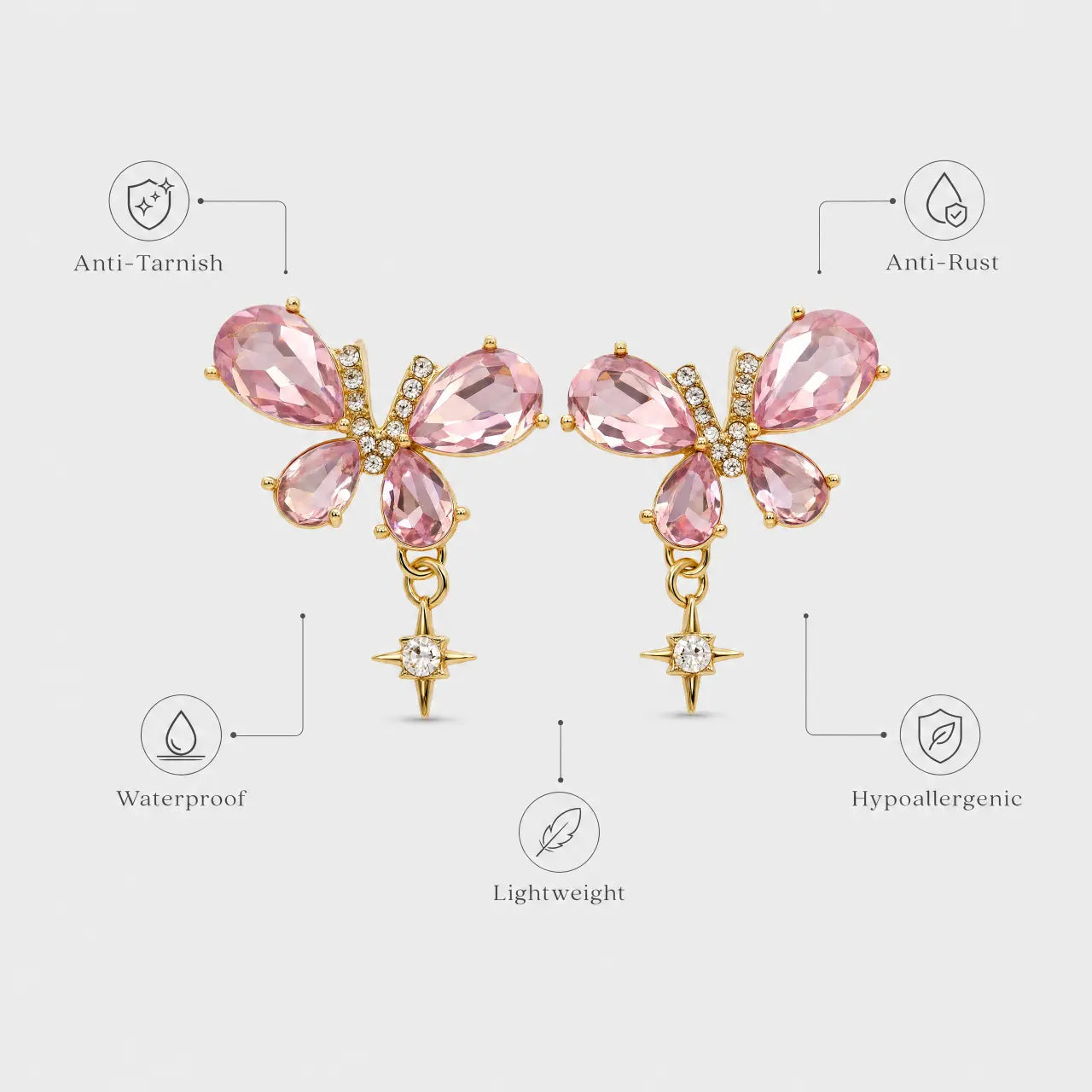 Rosé Flutter Anti-Tarnish Butterfly Crystal Earrings