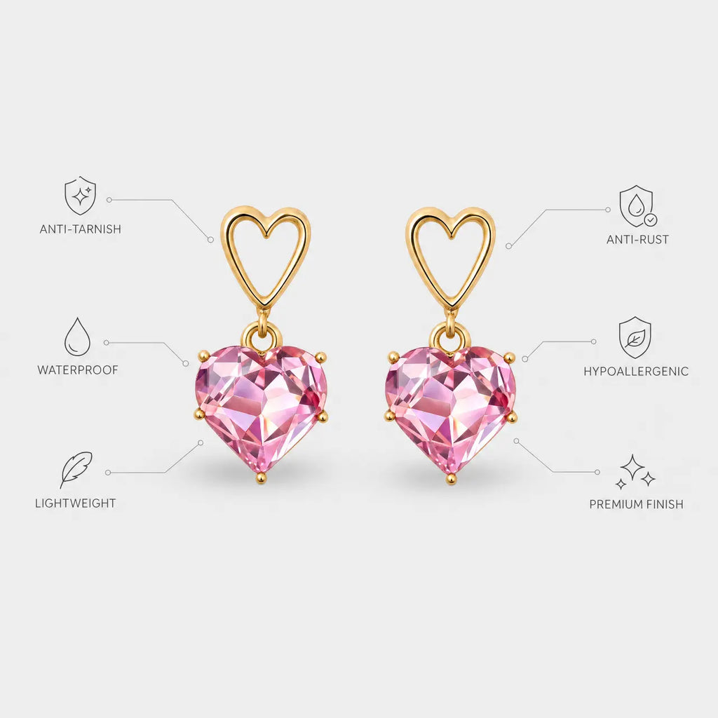 Rosé Heart Anti-Tarnish Crystal Earrings