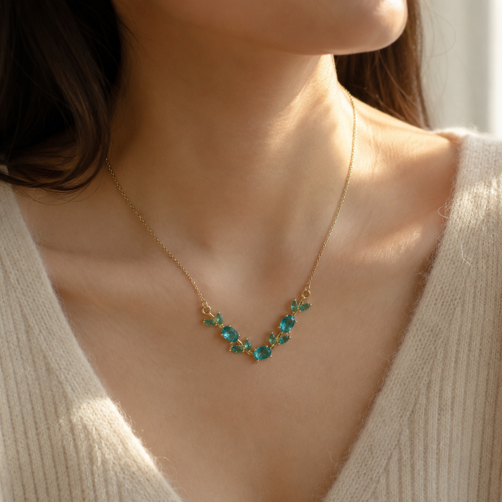 Blue Crystal Leaf Pendant Necklace