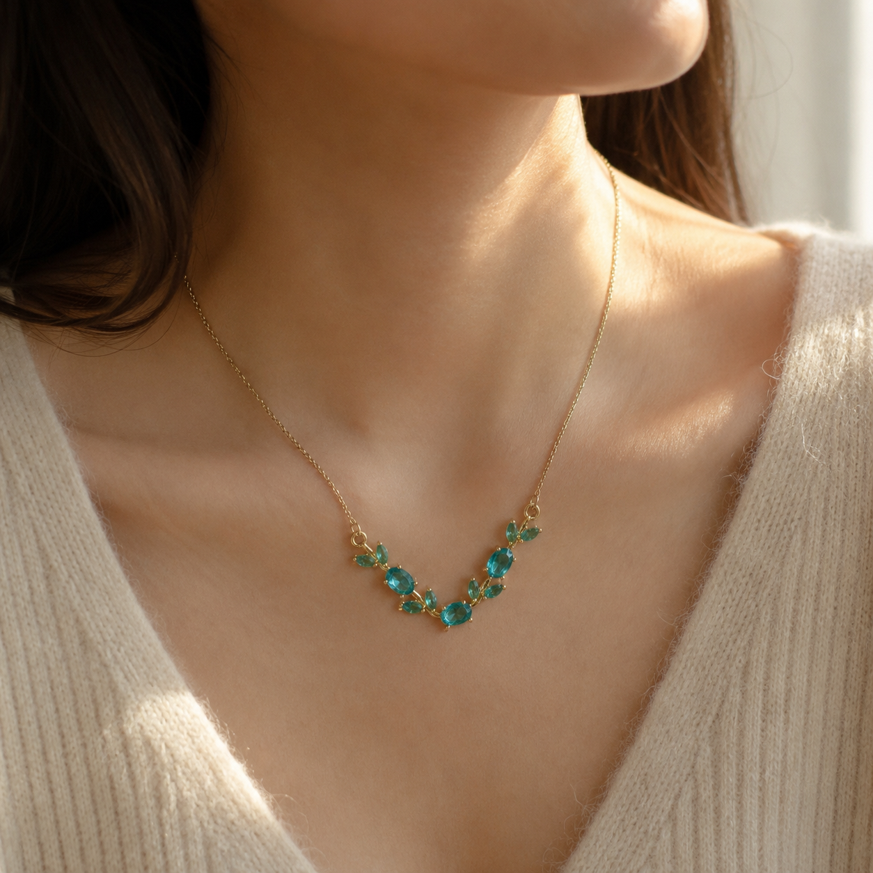 Blue Crystal Leaf Pendant Necklace