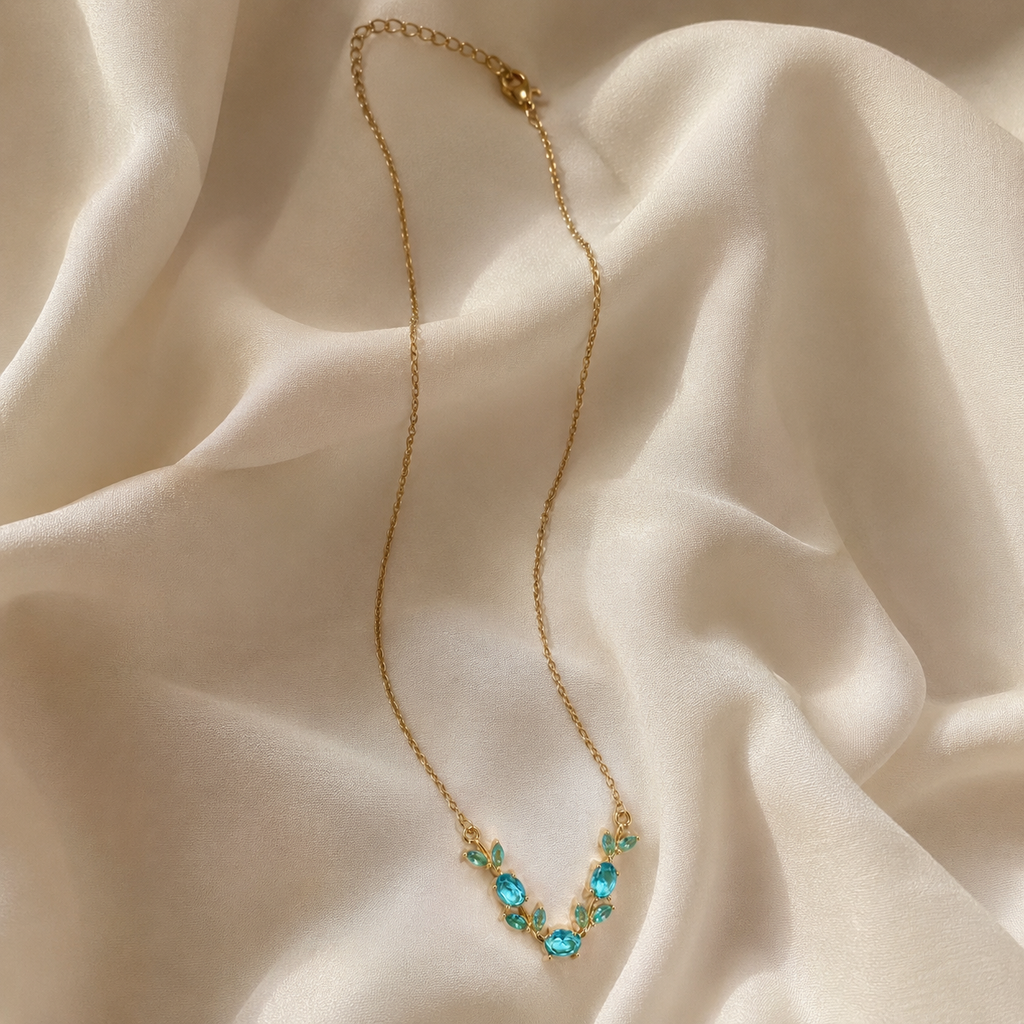 Blue Crystal Leaf Pendant Necklace