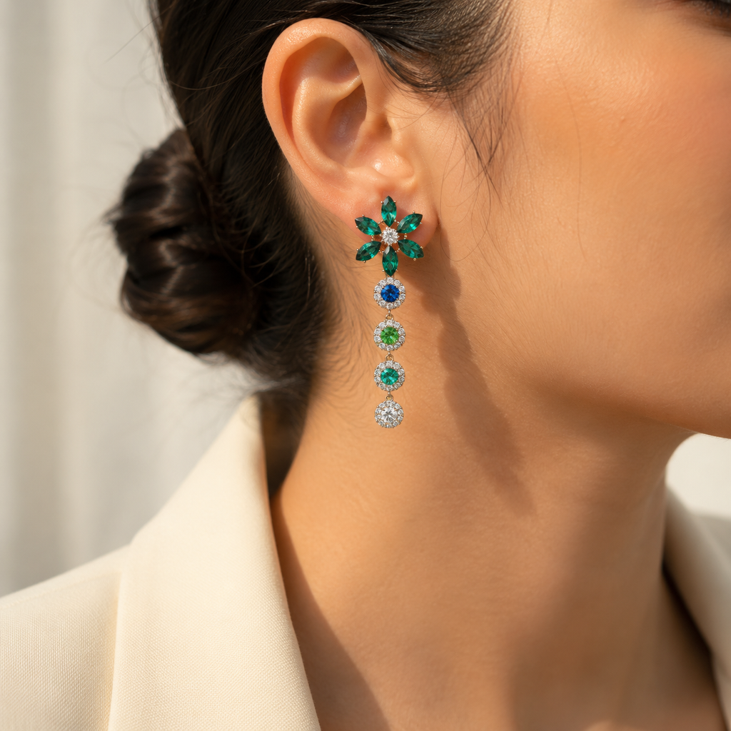 Green Crystal Floral Earrings