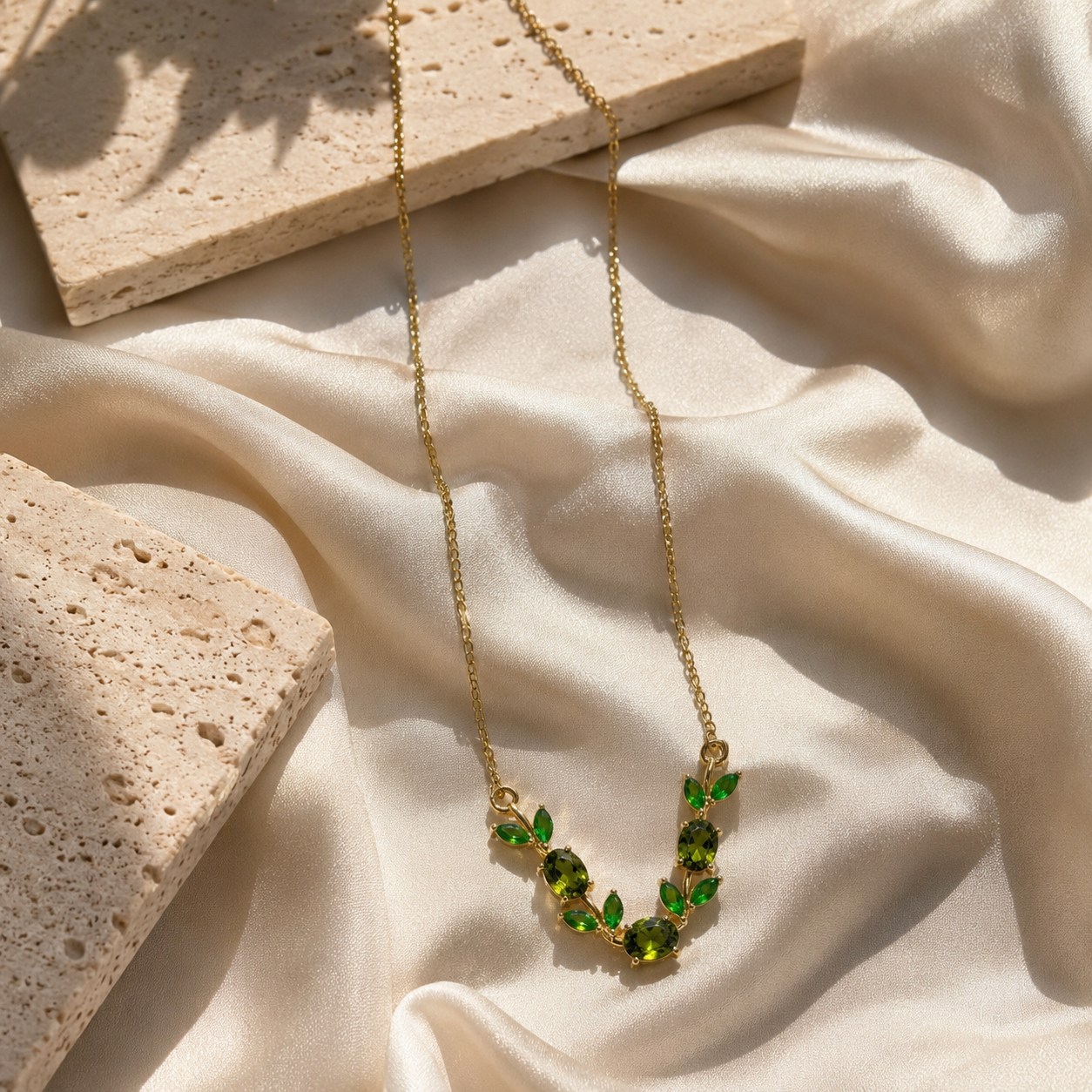 Green Crystal Leaf Pendant Necklace