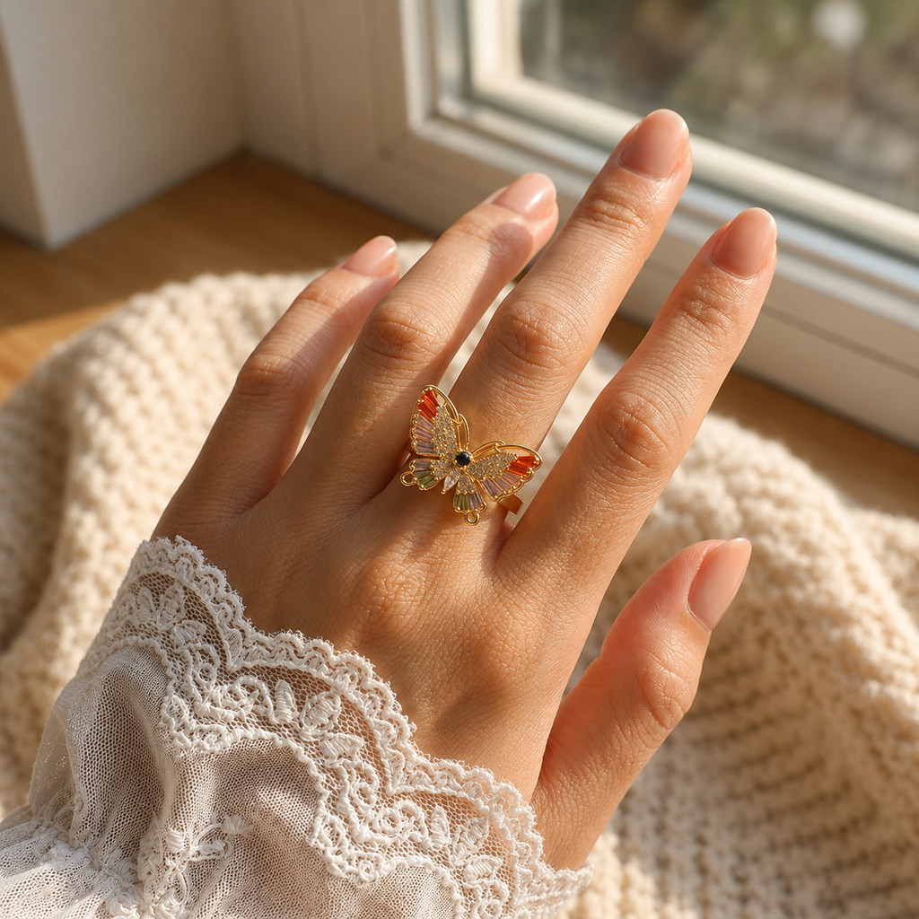 Butterfly Ring for Women Adjustable Gold Plated Crystal Statement Ring