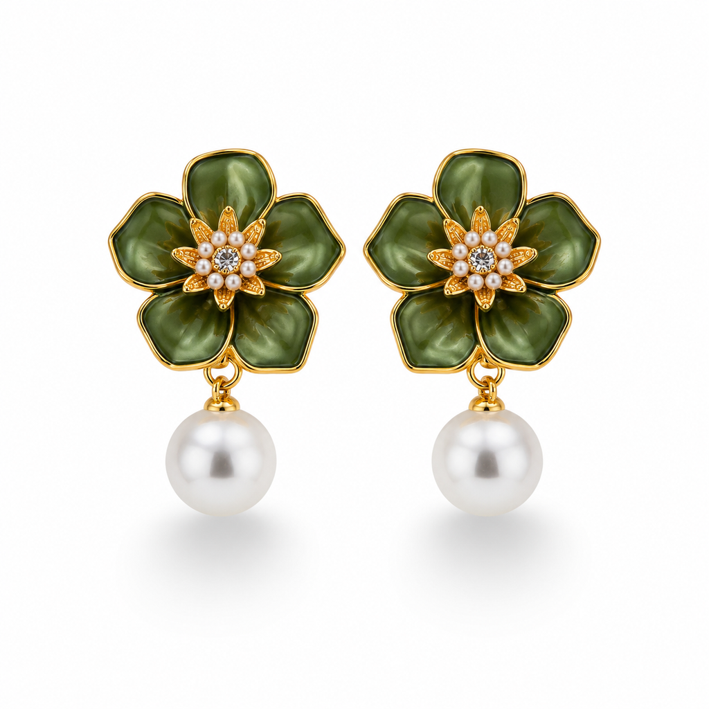 Green Flower Pearl Earrings