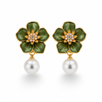 Green Flower Pearl Earrings