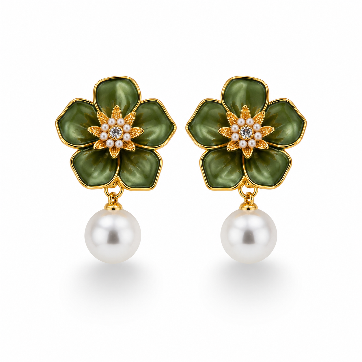 Green Flower Pearl Earrings