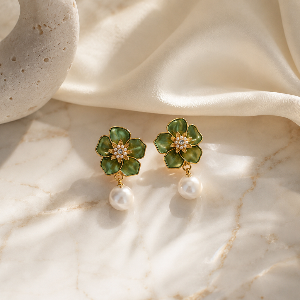 Green Flower Pearl Earrings
