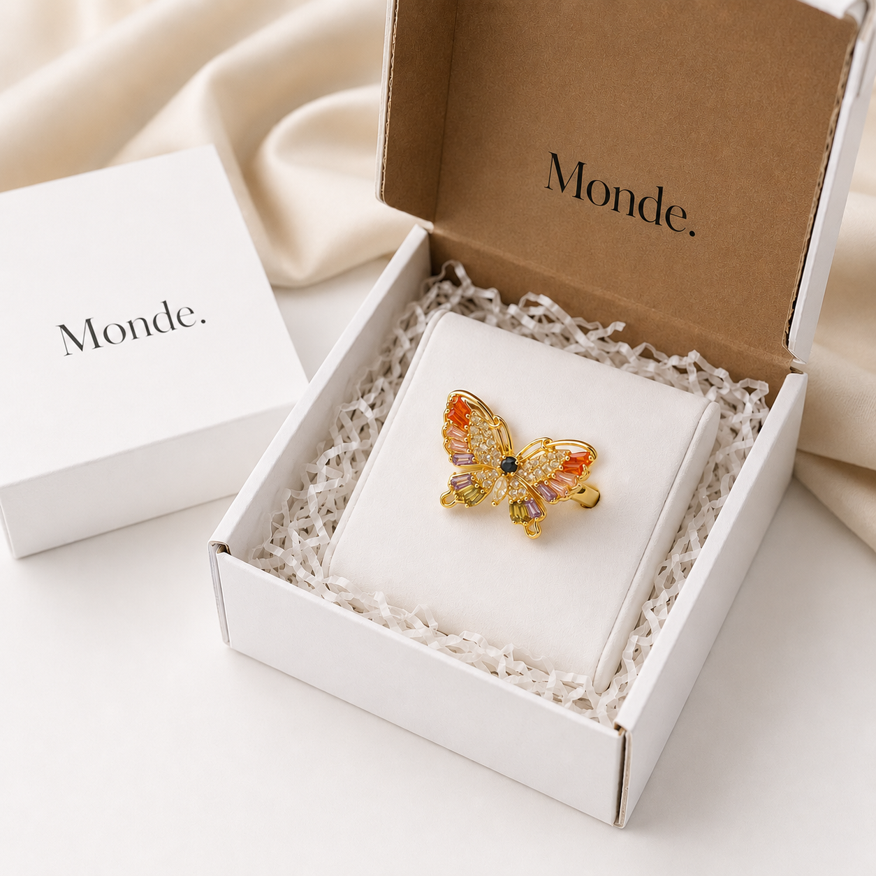 Butterfly Ring for Women Adjustable Gold Plated Crystal Statement Ring