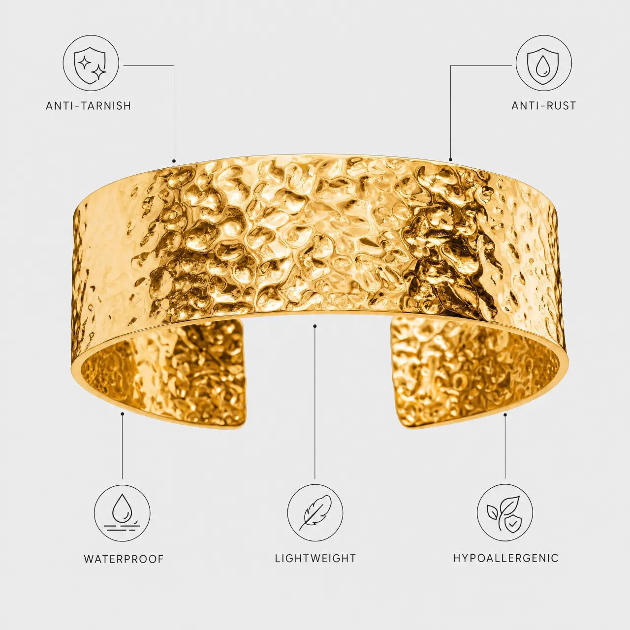 Aureon Anti-Tarnish Hammered Gold Cuff Bracelet